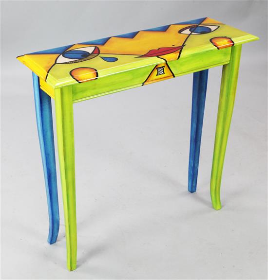 A Mira (South Beach, Miami), acrylic on pine with resin finish, Pop Art style, console table brightly painted with a stylised face,